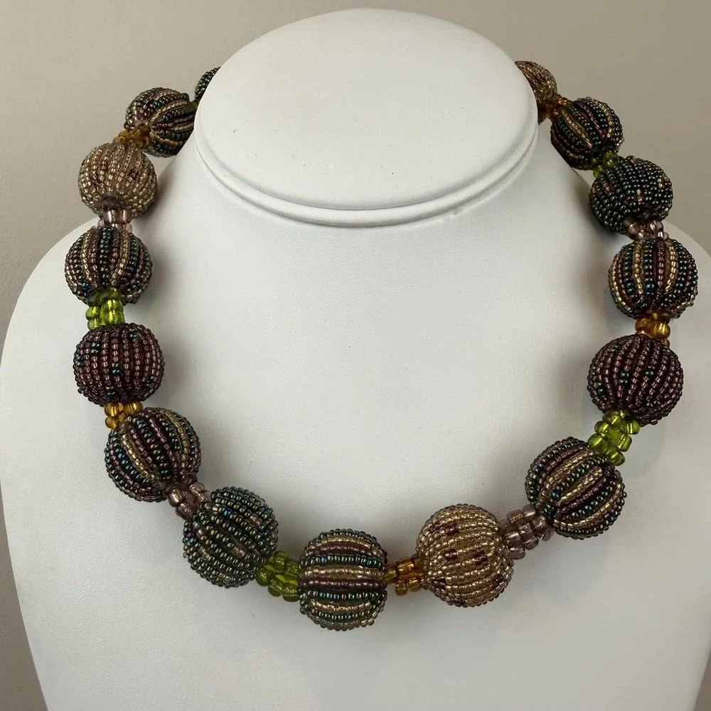Seed Bead Woven Orb Necklace Iridescent Chunky Statement Artisan Bohemian